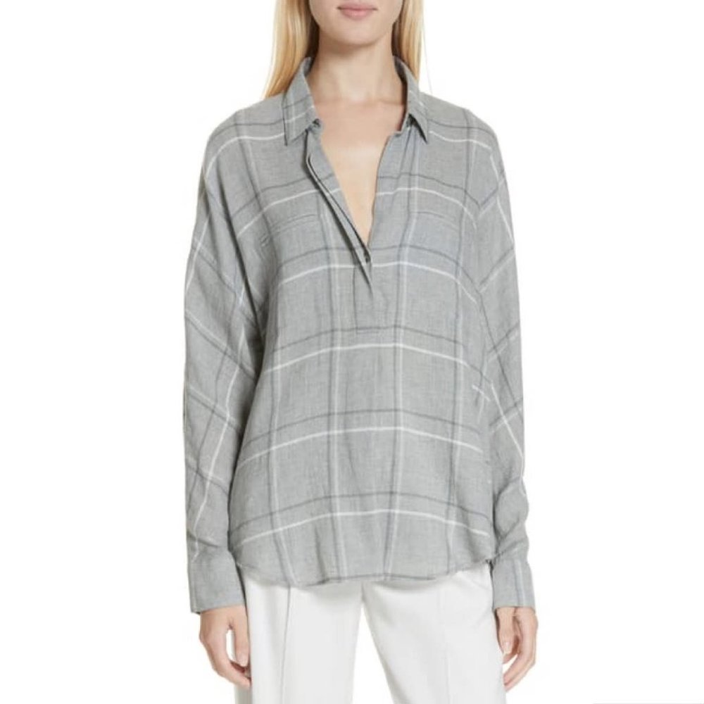 Vince Grey Bar Plaid Cotton Blend Popover Blouse